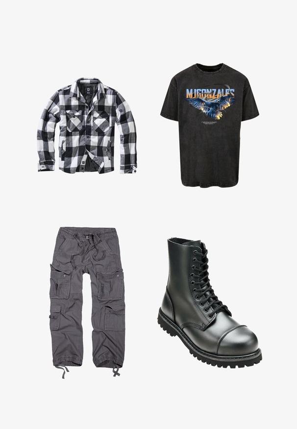 Sort, hvid og grå ternet langærmet jakke med to brystlommer med knapklapper og sidelommer, åben front med synlige knapper.; Sort oversized graphic t-shirt med et ørnedesign i blå og orange flammer, med stiliseret tekst ovenfor og et citat under grafikken.; Grå cargo bukser med flere lommer, snoreliv, knaplukning, tapered ben og en tekstureret stoffinish.; Sort læderkampstøvle med høj ankel, rund tå, snørebånd foran og robust gummisål med dybe mønstre for godt greb.