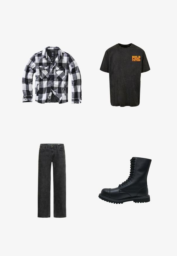 Sort, hvid og grå ternet langærmet jakke med to brystlommer med knapklapper og sidelommer, åben front med synlige knapper.; Sort bomulds T-shirt med afslappet pasform, der har kortærmet design og et retro 'PULP FICTION' grafisk motiv i orange på venstre bryst.; Sorte denim jeans med afslappet pasform, lige ben, fem-lomme design og en subtil falmet tekstur. Har knap- og lynlåslukning.; Sort læder snørebåndsstøvle med rund tå, høj skaft, tyk gummisål og struktureret overflade. Har forstærket syning langs sømmene.