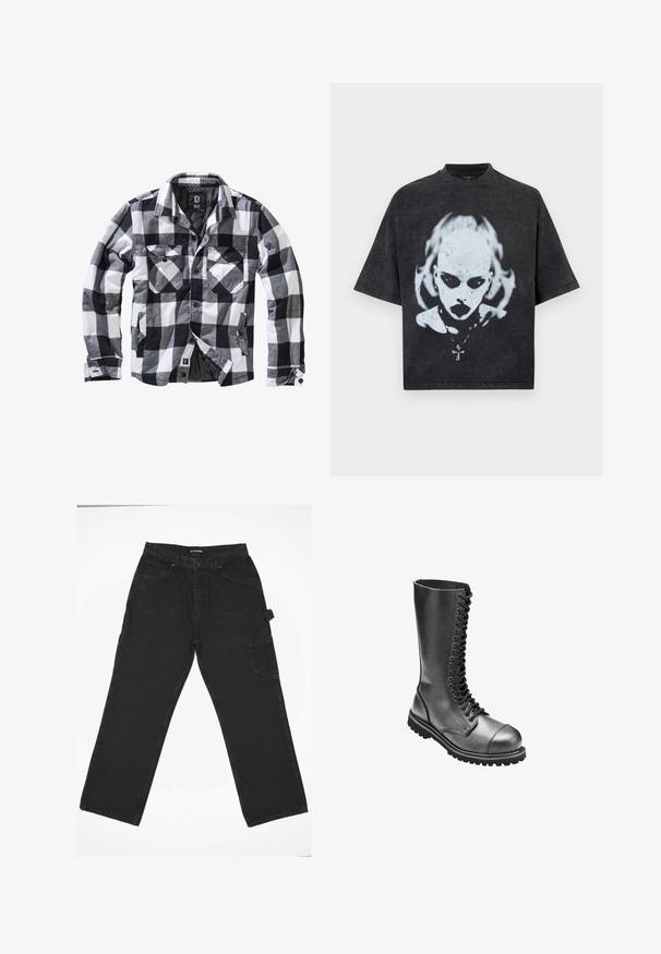 Zwart-wit-grijs geruite lange mouwen jas met twee borstzakken met klep en knoop, zijzakken voor de handen, open voorkant met zichtbare knopen.; Zwart oversized T-shirt met een wit grafisch ontwerp van een kale persoon met donkere ogen, lippenstift, piercings en een ketting met een kruisje.; Zwarte denim broek met een rechte pijpdesign, voorzien van een knoopsluiting aan de voorkant, achterzakken en een zijvak voor cargo.; Zwarte leren veterlaarzen met een hoge schacht, ronde neus, gewatteerde kraag en een geprofileerde rubberen zool voor betere grip.