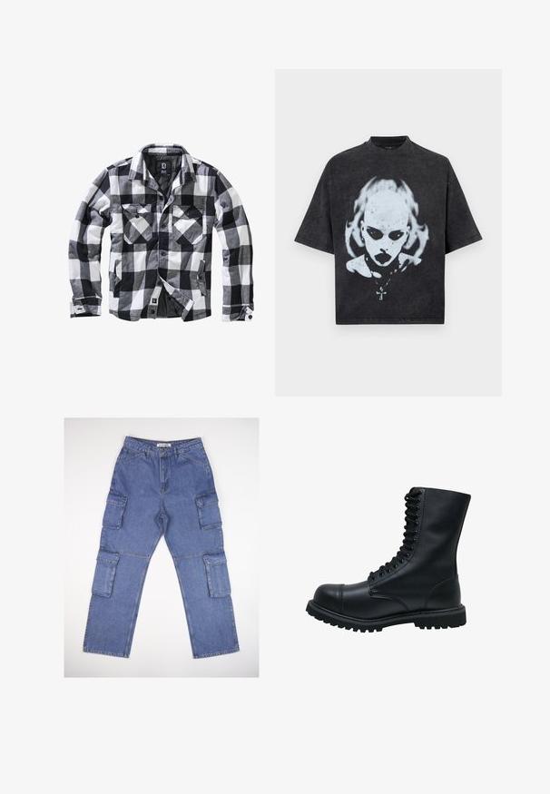 Schwarz-weiße und graue karierte Jacke mit langen Ärmeln, zwei Brusttaschen mit Knopfklappen und seitlichen Einschubtaschen, Vorderseite offen mit sichtbaren Knöpfen.; Schwarzes Oversized-T-Shirt mit einem weißen Motiv eines glatzköpfigen Menschen mit dunklen Augen, Lippenstift, Piercings und einer Halskette mit Kreuzanhänger.; Blaue Denim-Cargo-Hosen mit mehreren Seitentaschen, einem geraden Beindesign und einem klassischen Bund. Der Stoff hat eine leicht strukturierte Textur und ist leicht ausgebleicht.; Schwarze Leder Schnürstiefel mit runder Zehenkappe, hohem Schaft, dicker Gummisohle und texturierter Oberfläche. Enthält verstärkte Nähte entlang der Nähte.