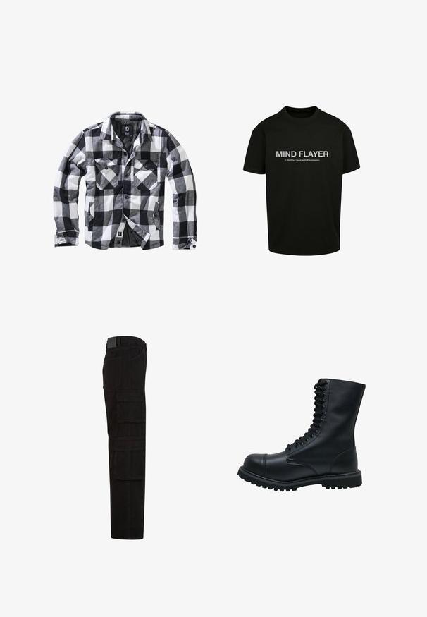 Veste à manches longues à carreaux noirs, blancs et gris avec deux poches poitrine à rabat boutonné et poches latérales pour les mains, ouverture avant avec boutons apparents.; T-shirt noir à manches courtes avec l'inscription « MIND FLAYER © Netflix. Utilisé avec permission. » imprimée en blanc, centrée sur le devant.; Pantalon cargo noir avec plusieurs grandes poches à rabat, passants de ceinture, et une coupe droite, vu de côté.; Bottines en cuir noir à lacets avec un bout rond, une tige haute, une semelle en caoutchouc épaisse et une surface texturée. Comprend des piqûres renforcées le long des coutures.