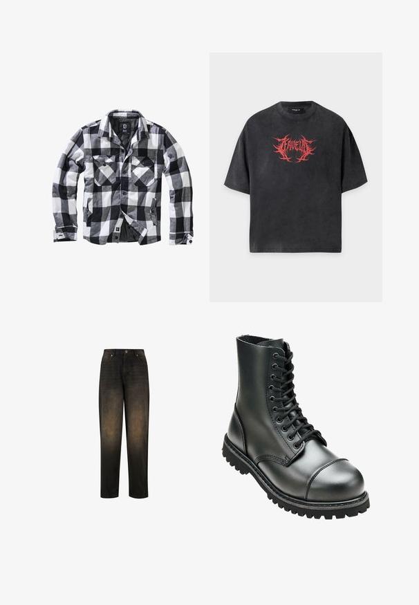 Sort, hvid og grå ternet langærmet jakke med to brystlommer med knapklapper og sidelommer, åben front med synlige knapper.; Sort oversized T-shirt med korte ærmer og rødt pigget tekstdesign centreret på brystet, der lyder "FAVELA".; Mørk denim jeans med en let falmet finish, der har lige ben, fem lomme-design og metalknap lukning.; Sort læderkampstøvle med høj ankel, rund tå, snørebånd foran og robust gummisål med dybe mønstre for godt greb.