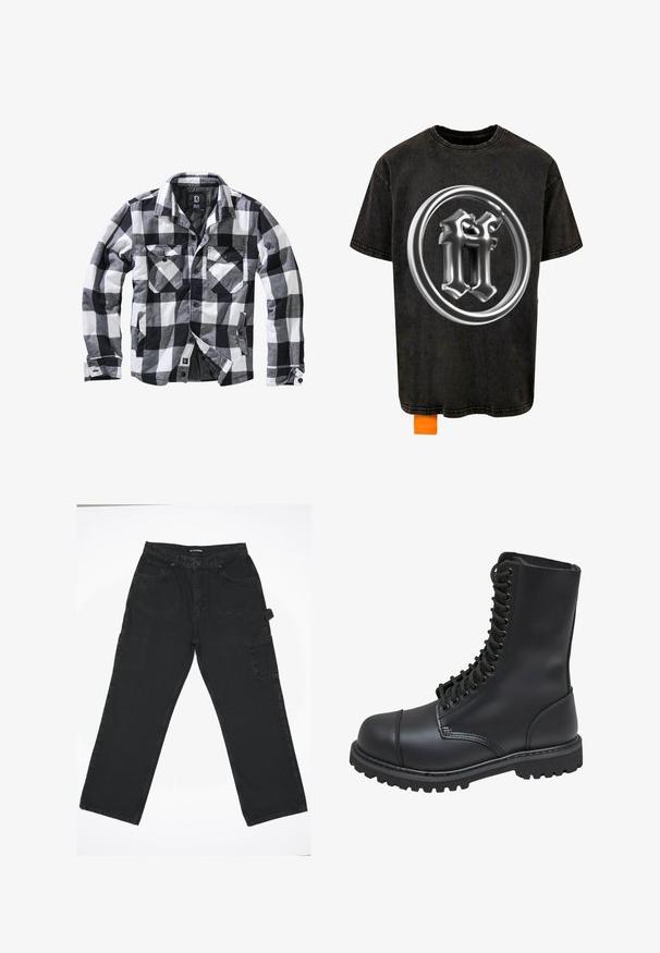 Sort, hvid og grå ternet langærmet jakke med to brystlommer med knapklapper og sidelommer, åben front med synlige knapper.; Forgotten Faces RADIANT LOGO ACID - T-shirts print - black; Sorte denimbukser med lige ben-design, der har en frontknaplukning, baglommer og en sidelomme.; Sort læder kampstøvle med høj skaft, snørebånd foran, polstret krave og en robust tekstureret sål for godt greb. Har forstærket tåhætte.