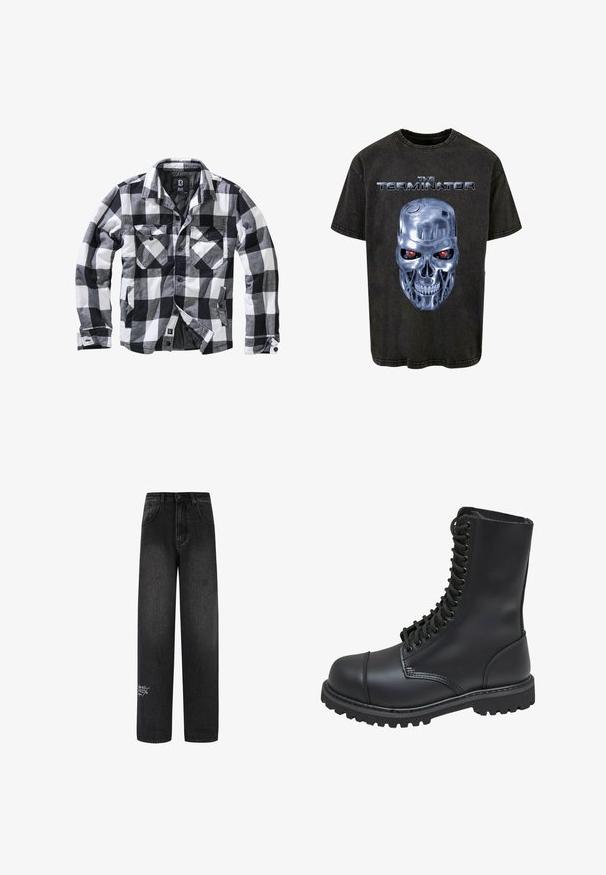 Sort, hvid og grå ternet langærmet jakke med to brystlommer med knapklapper og sidelommer, åben front med synlige knapper.; Sort bomulds t-shirt med et tryk af et metal skull med røde øjne og "THE TERMINATOR" tekst ovenover i sølv. Afslappet pasform, rund hals.; Sorte denim bukser med bred benvidde og høj talje, med to forlommer og en dekorativ logodetalje på det nederste ben.; Sort læder kampstøvle med høj skaft, snørebånd foran, polstret krave og en robust tekstureret sål for godt greb. Har forstærket tåhætte.
