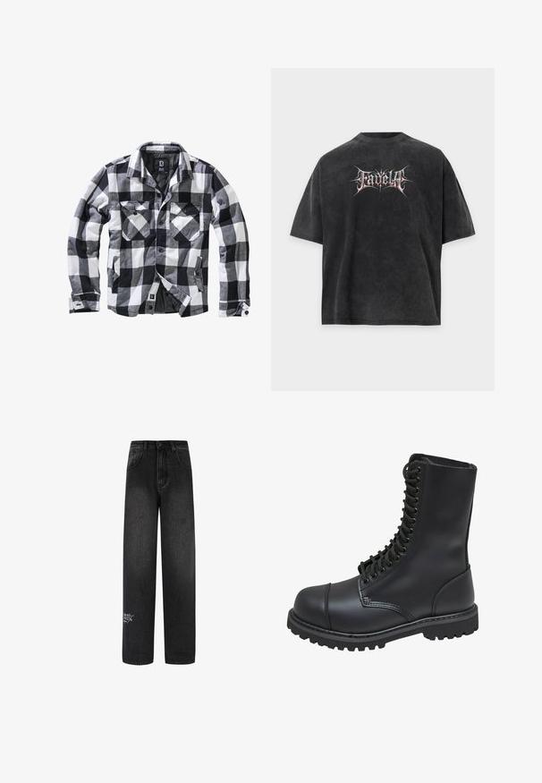Sort, hvid og grå ternet langærmet jakke med to brystlommer med knapklapper og sidelommer, åben front med synlige knapper.; Sort oversized t-shirt med falmet tekstur og stiliseret hvid og rød tekst "Fadella" centreret foran.; Sorte denim bukser med bred benvidde og høj talje, med to forlommer og en dekorativ logodetalje på det nederste ben.; Sort læder kampstøvle med høj skaft, snørebånd foran, polstret krave og en robust tekstureret sål for godt greb. Har forstærket tåhætte.