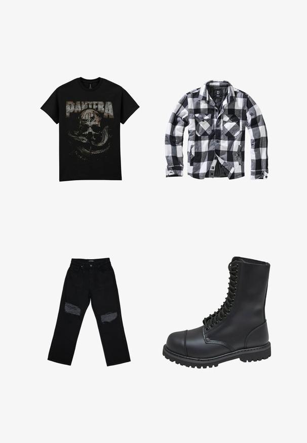 Chaqueta de manga larga a cuadros en blanco, negro y gris, con dos bolsillos en el pecho con solapa y botón, y bolsillos laterales para las manos, abertura frontal con botones visibles.; Camiseta negra de algodón con un gráfico desgastado de un cráneo y una serpiente, con la palabra "PANTERA" en letras grandes y envejecidas.; Vaqueros de mezclilla negros con un corte relajado, que presentan desgastes deshilachados en la parte delantera de la rodilla y una cinturilla estándar con cierre de botón.; Bota de combate de cuero negro con caña alta, parte frontal con cordones, cuello acolchado y suela texturizada resistente para un buen agarre. Presenta una puntera reforzada.