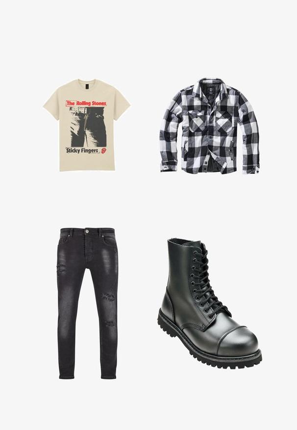 Chaqueta de manga larga a cuadros en blanco, negro y gris, con dos bolsillos en el pecho con solapa y botón, y bolsillos laterales para las manos, abertura frontal con botones visibles.; Camiseta de algodón beige con un diseño gráfico de unos vaqueros y un cremallera. El texto dice "The Rolling Stones" en rojo y "Sticky Fingers" en negro.; Jeans de denim negro con un ajuste slim, que presentan detalles desgastados y parches deshilachados, un ligero desvanecimiento y cierre estándar de botón y cremallera.; Bota de combate de cuero negro con tobillo alto, punta redonda, cordones en la parte delantera y suela de goma resistente con un dibujo profundo para mayor tracción.