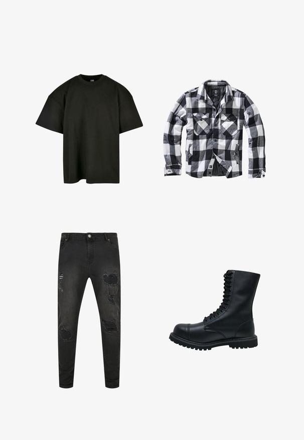 Chaqueta de manga larga a cuadros en blanco, negro y gris, con dos bolsillos en el pecho con solapa y botón, y bolsillos laterales para las manos, abertura frontal con botones visibles.; Camiseta negra de corte oversized en suave algodón. Presenta un cuello redondo y mangas cortas, con una textura suave y un diseño minimalista.; Jeans de mezclilla negra con un ajuste slim, que presentan detalles desgastados, desgarros y áreas desvaídas. Diseño estándar de cinco bolsillos con cierre de botón metálico.; Botín de cuero negro con cordones, punta redonda, caña alta, suela de goma gruesa y superficie texturizada. Presenta costuras reforzadas a lo largo de las uniones.