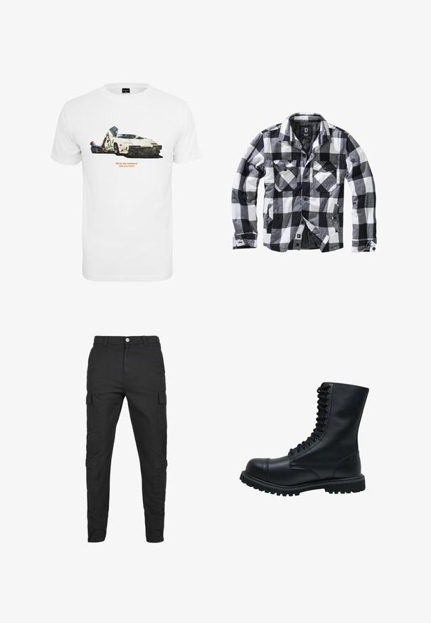 Zwart-wit-grijs geruite lange mouwen jas met twee borstzakken met klep en knoop, zijzakken voor de handen, open voorkant met zichtbare knopen.; Witte katoenen T-shirt met een auto-illustratie en twee figuren, tekst "Wanneer het weekend je hard raakt," en tegen een eenvoudige achtergrond.; Zwarte cargobroek van duurzaam materiaal. Beschikt over meerdere zijzakken, een knoopsluiting en een taps toelopend ontwerp. Vlakke voorkant, geen patronen.; Zwarte leren veterschoen met een ronde neus, hoge schacht, dikke rubberen zool en een gestructureerd oppervlak. Heeft versterkte stiksels langs de naden.