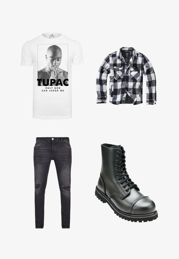 Sort, hvid og grå ternet langærmet jakke med to brystlommer med knapklapper og sidelommer, åben front med synlige knapper.; Hvid bomulds t-shirt med en sort-hvid grafik af en mand, der holder hænderne sammen i bøn, med teksten "TUPAC" og "ONLY GOD CAN JUDGE ME."; Sorte denim jeans med en slim fit, der har slidte detaljer og revner på forsiden. Udstyret med en knap- og lynlåslukning.; Sort læderkampstøvle med høj ankel, rund tå, snørebånd foran og robust gummisål med dybe mønstre for godt greb.