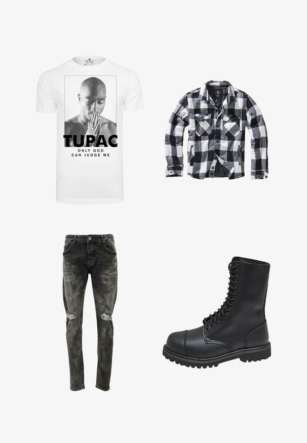 Sort, hvid og grå ternet langærmet jakke med to brystlommer med knapklapper og sidelommer, åben front med synlige knapper.; Hvid bomulds t-shirt med en sort-hvid grafik af en mand, der holder hænderne sammen i bøn, med teksten "TUPAC" og "ONLY GOD CAN JUDGE ME."; Slim-fit, slidset sorte jeans lavet af denim med slidte knælapper. Har standardlommer og en knaplukning.; Sort læder kampstøvle med høj skaft, snørebånd foran, polstret krave og en robust tekstureret sål for godt greb. Har forstærket tåhætte.