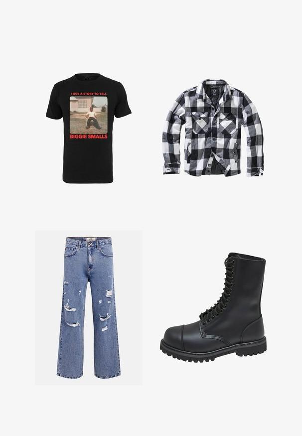 Schwarz-weiße und graue karierte Jacke mit langen Ärmeln, zwei Brusttaschen mit Knopfklappen und seitlichen Einschubtaschen, Vorderseite offen mit sichtbaren Knöpfen.; Schwarzes Baumwoll-T-Shirt mit einem Vintage-Foto und rotem Text, der unter dem Bild "ICH HABE EINE GESCHICHTE ZU ERZÄHLEN BIGGIE SMALLS" lautet.; Blaue Jeans mit weitem Bein, mehreren zerrissenen und abgenutzten Stellen an den vorderen Oberschenkeln und Knien, mit Knopf- und Reißverschluss sowie Gürtelschlaufen.; Schwarze Lederkampfstiefel mit hohem Schaft, Schnürung an der Vorderseite, gepolstertem Kragen und rutschfester, strukturierter Sohle für guten Halt. Mit verstärkter Zehenkappe.