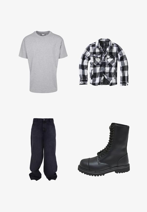 Sort, hvid og grå ternet langærmet jakke med to brystlommer med knapklapper og sidelommer, åben front med synlige knapper.; Grå bomulds t-shirt med rund halsudskæring og korte ærmer. Simpelt design, ingen mønstre eller accenter. Klassisk afslappet pasform.; Sorte oversized løstsiddende jeans med knap- og lynlåsfrontlukning, forlommer og løse, brede ben.; Sort læder kampstøvle med høj skaft, snørebånd foran, polstret krave og en robust tekstureret sål for godt greb. Har forstærket tåhætte.