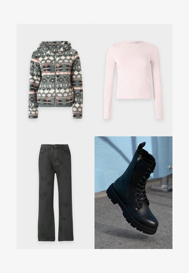 Faux fur zip-up hoodie i grå, med et geometrisk mønster med lyserøde, blå og sorte accenter. Blød tekstur og hætte-design.; Lyserød langærmet tætsiddende bluse med rund halsudskæring og lige kant, vist mod en helt hvid baggrund.; Sorte brede jeans med falmede blomster-, hjerte- og sommerfuglemønstre, frontknaplukning og fem lomme-design.; Sorte læder ankel støvler med snørebånd, sidelås, tekstureret overflade og en robust sål med fremtrædende slidbaner.