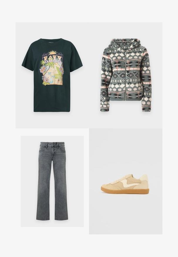 Sweat à capuche en fausse fourrure gris, avec un motif géométrique comportant des accents rose, bleu et noir. Texture douce et design à capuche.; T-shirt noir en coton avec un motif coloré représentant des montagnes, une cascade et des fleurs tropicales, avec le texte "ROXY" en lettres majuscules.; Jeans en denim gris à jambe droite avec bouton frontal, fermeture éclair et cinq poches, présentés sur un fond blanc.; Sneaker beige avec des matériaux en daim et en maille, forme arrondie, col rembourré proéminent et semelle en caoutchouc gomme. Présente un accent de design en forme de vague.