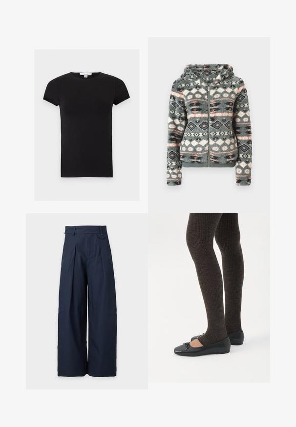 Sweat à capuche en fausse fourrure gris, avec un motif géométrique comportant des accents rose, bleu et noir. Texture douce et design à capuche.; T-shirt noir cintré à manches courtes avec col rond et petite étiquette blanche Topshop au niveau de l'encolure.; Pantalon large bleu marine avec plis, passants pour ceinture et taille haute, présenté sur un fond clair uni.; Jambes portant des leggings côtelés foncés associés à des ballerines noires avec de petits détails en nœud sur fond blanc.