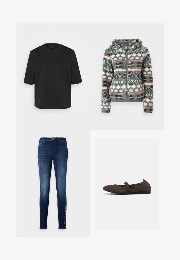 Faux fur zip-up hoodie i grå, med et geometrisk mønster med lyserøde, blå og sorte accenter. Blød tekstur og hætte-design.; Sort crew-neck t-shirt lavet af bomuld, med korte ærmer og en afslappet pasform. Glat tekstur uden synlige mønstre eller detaljer.; Mørkeblå slim-fit jeans med fem lommer og let falming, med lille hvid tekst langs den nedre ydre side af højre ben.; Brun balletsko med elastisk rem og rundet tå, vist mod en hvid baggrund, sideudsigt.