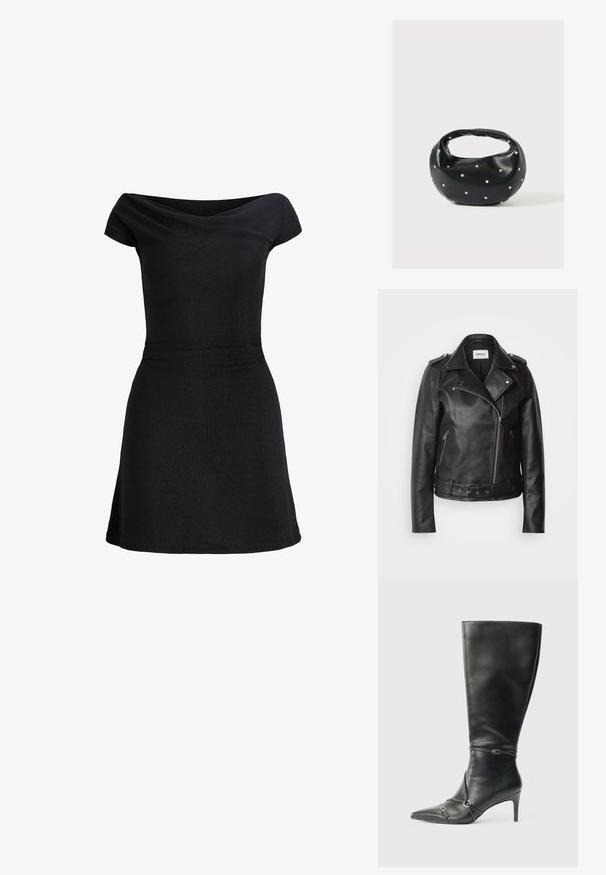Schwarze Leder-Motorradjacke mit asymmetrischem Reißverschluss, tailliertem Gürtel und seitlichen Reißverschlusstaschen. Glatte Textur mit Epaulett-Akzenten.; Schwarzes, kurzärmeliges Kleid mit tailliertem Schnitt und dezentem Bootsausschnitt, knielang mit leicht ausgestellt Rock.; Schwarze kniehohe Lederstiefel mit schlankem Absatz, spitz zulaufender Spitze und Riemendetails am Knöchel. Glatte Textur und eng anliegendes Design.; Schwarze Lederhandtasche mit abgerundeter Form, verziert mit silbernen Nietenakzenten und kurzem Griff. Glatte Struktur und Reißverschlussverschluss.
