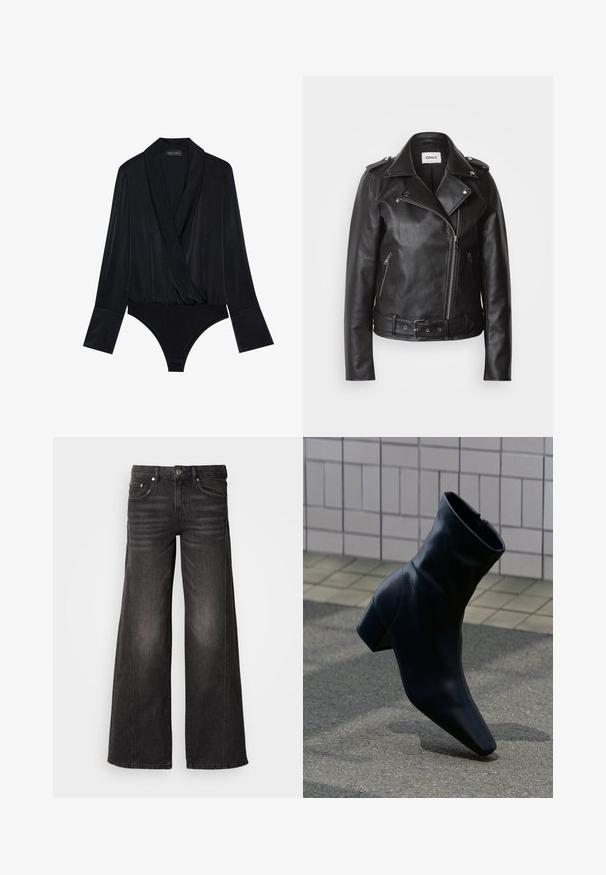 Zwarte leren motorjack met een asymmetrische rits, een ceintuur in de taille en ritszakken aan de zijkant. Soepele textuur met epaulet-accenten.; Zwarte lange mouwen bodysuit met een wikkeldesign, gemaakt van gladde stof. Heeft een diepe halslijn en een aansluitend lijfje met een klassieke snit onderkant.; Zwarte spijkerbroek met wijde pijpen, vervaagde details, ontwerp met vijf zakken, knoop- en ritssluiting.; Zwarte leren enkellaars met blokhak, staand op een gestructureerd asfaltoppervlak nabij een betegelde muur.