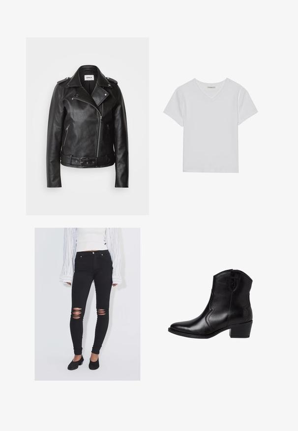 Zwarte leren motorjack met een asymmetrische rits, een ceintuur in de taille en ritszakken aan de zijkant. Soepele textuur met epaulet-accenten.; Witte T-shirt met korte mouwen en V-hals, gemaakt van ribbelstof. Heeft een strakke ontwerp met een rechte zoom en minimale details.; Persoon die zwarte gescheurde skinny jeans draagt, zwarte schoenen met hak, een wit cropped topje en een wit shirt met lange mouwen met zwarte strepen.; Zwarte leren enkellaarsjes met een spitse neus, gebogen zijkanten en een lage blokhak. Voorzien van een ritssluiting en een gladde textuur.
