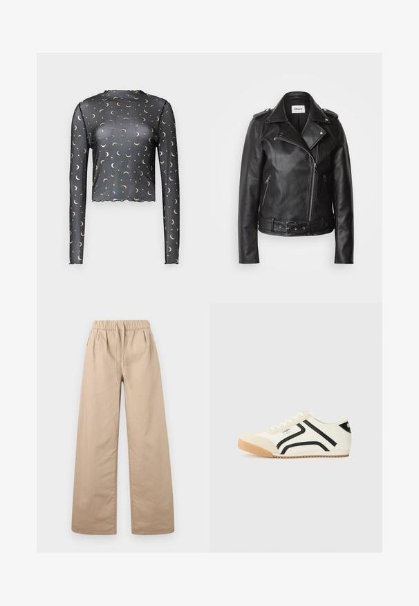 Zwarte leren motorjack met een asymmetrische rits, een ceintuur in de taille en ritszakken aan de zijkant. Soepele textuur met epaulet-accenten.; Langarm zwart mesh top met een patroon van gouden halve maan en ster, cropped lengte en gekartelde rand.; Beige wijde broek met elastische tailleband en treklint, gemaakt van gladde stof, getoond tegen een effen lichte achtergrond.; Witte canvas sneakers met zwarte accenten en strepen, ronde neus, rubberen zool en subtiele branding. Geweven stof met gladde overlays.