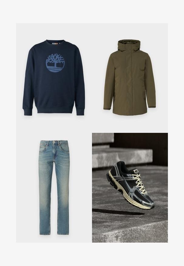 Olivenfarvet parka jakke, vandafvisende stof, lynlåslukning, justerbar hætte, lange ærmer og sidelommer. Glat tekstur, minimalistisk design.; Timberland TREE LOGO CREW NECK - Sweatshirt - dark sapphire; Blå denim jeans med lige ben, falmet vask, fem lommer og knaplukning på hvid baggrund.; Sort og grå Nike-løbesko med cremefarvede snørebånd, der svæver over en tekstureret betonoverflade.