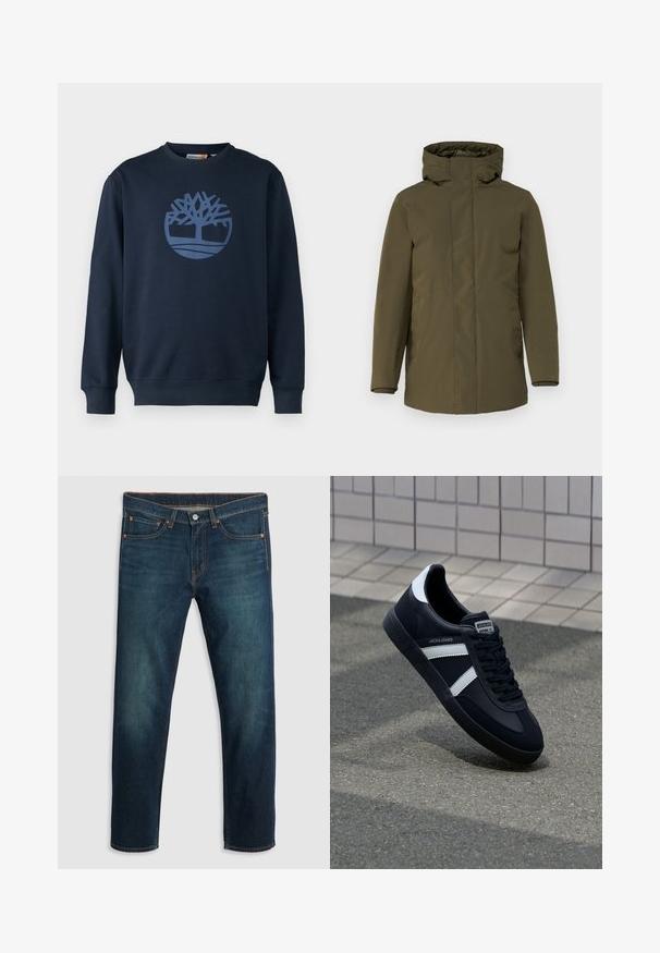 Olijfgroene parka, waterdichte stof, ritsluiting, verstelbare capuchon, lange mouwen en zijzakken. Soepele textuur, minimalistisch ontwerp.; Timberland TREE LOGO CREW NECK - Sweater - dark sapphire; Donkerblauwe spijkerbroek met rechte pijpen, vijf zakken, koperen stiksels en een logo op de achterkant van de tailleband. Gladde textuur en klassieke pasvorm.; Zwarte leren sneaker met witte strepen, een gestructureerde rubberen zool en vetersluiting aan de voorkant. Voorzien van een merklabel op de tong.