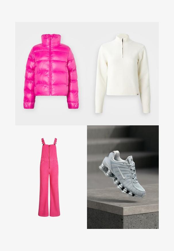 Veste courte en duvet rose vif avec un col haut, présentant une fermeture éclair frontale et une texture matelassée sur le corps.; Pull-over blanc à col zippé et manches longues. Fabriqué en matériau tricoté doux, avec des poignets et un ourlet côtelés. Logo de la marque subtil à l'ourlet.; Salopette en velours côtelé rose vif à jambes larges avec bretelles réglables, fermeture éclair frontale et poches latérales, présentée sur un fond blanc.; Chaussure de course Nike gris clair avec une semelle amortissante en forme de ressort flottant au-dessus d'un rebord en béton, arrière-plan d'escalier flou.
