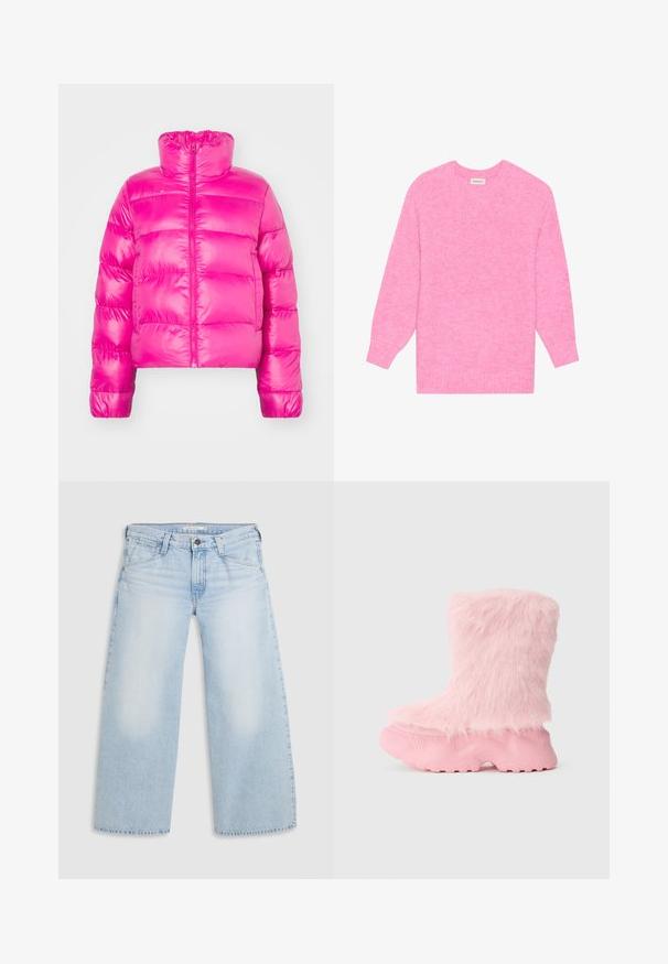 Leuchtend pinke, taillierte Pufferjacke mit hochgeschlossenem Kragen, ausgestattet mit einem durchgehenden Reißverschluss und gestepptem Material über den Körper.; Rosa gestrickter Pullover mit Rundhalsausschnitt, langen Ärmeln und gerippten Säumen. Strukturierter Stoff mit einem dezenten melierten Muster.; Helle blaue weite Jeans aus Denim. Mit geradem Schnitt, Fünf-Taschen-Design und einem Knopfverschluss am Bund.; Klobige pinke Stiefel mit strukturiertem Absatz und weichem, flauschigem Kunstpelz, der den gesamten oberen Teil bedeckt.