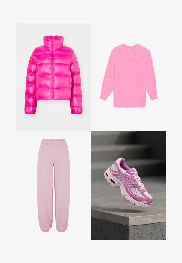 Veste courte en duvet rose vif avec un col haut, présentant une fermeture éclair frontale et une texture matelassée sur le corps.; Pull en tricot rose avec un col rond, des manches longues et des poignets côtelés. Tissu texturé avec un motif légèrement chiné.; Urban Classics Pantalon de survêtement - softpink; Chaussure de course Nike rose et blanche en maille avec une semelle intermédiaire à coussin d'air visible, flottant au-dessus d'un rebord en béton gris avec un fond d'escaliers flou.