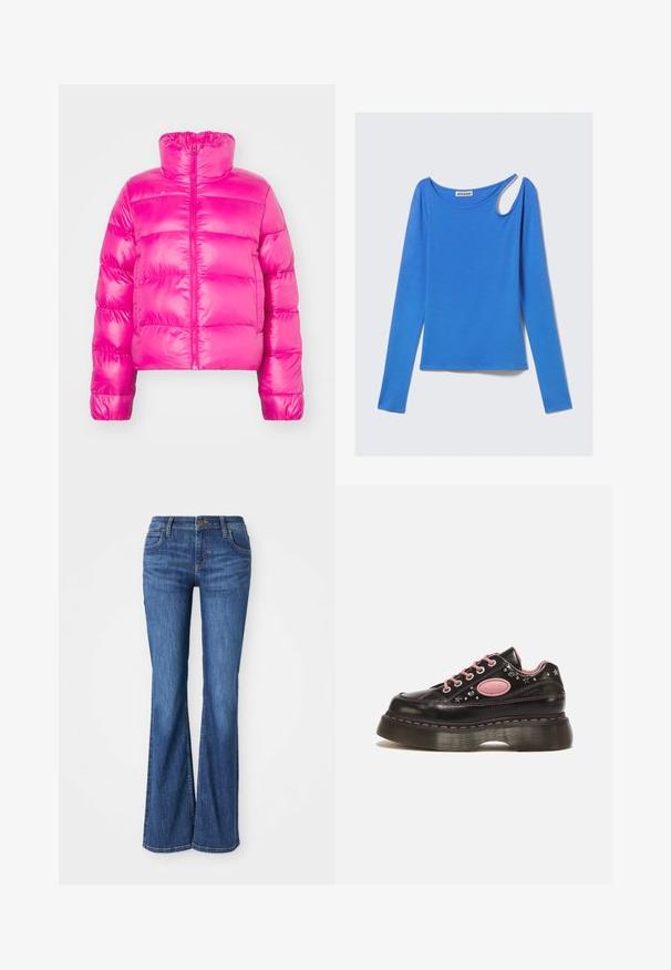 Leuchtend pinke, taillierte Pufferjacke mit hochgeschlossenem Kragen, ausgestattet mit einem durchgehenden Reißverschluss und gestepptem Material über den Körper.; Langärmeliges blaues Oberteil aus weichem Stoff, mit einem einzigartigen Schulterausschnitt und einem runden Halsausschnitt. Sauberes Design, minimalistischem Stil.; Blaue Denim-Bootcut-Jeans mit Fronttaschen, Knopfverschluss und Gürtelschlaufen, auf einem weißen Hintergrund präsentiert.; Schwarzer Plateau-Sneaker mit pinken Schnürsenkeln, pinker Naht, Stern- und Herznieten sowie einem pinken ovalen Logo-Patch an der Seite.