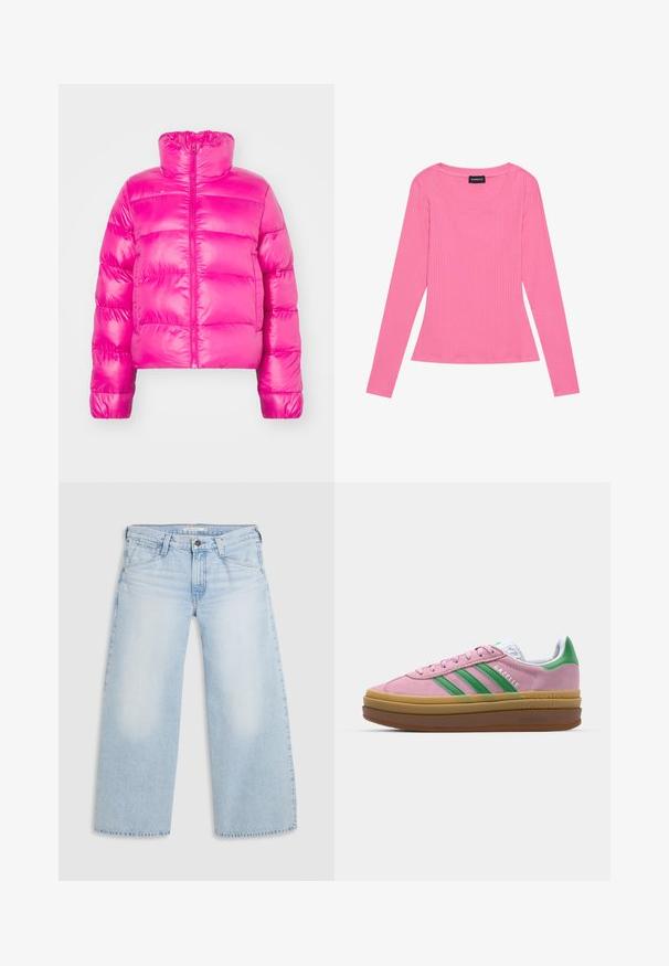 Bright pink cropped puffer jacket with a high collar, featuring a full front zipper and quilted texture across the body.; Long-sleeve ribbed top in bright pink, featuring a wide crew neckline and a fitted silhouette. The fabric is smooth with a subtle texture.; Light blue wide-leg jeans made from denim. Features straight cut, five-pocket design, and a button closure at the waistband.; Pink suede sneakers with green stripes, white accents, and a brown rubber sole. Features textured fabric and logo detailing on the side.