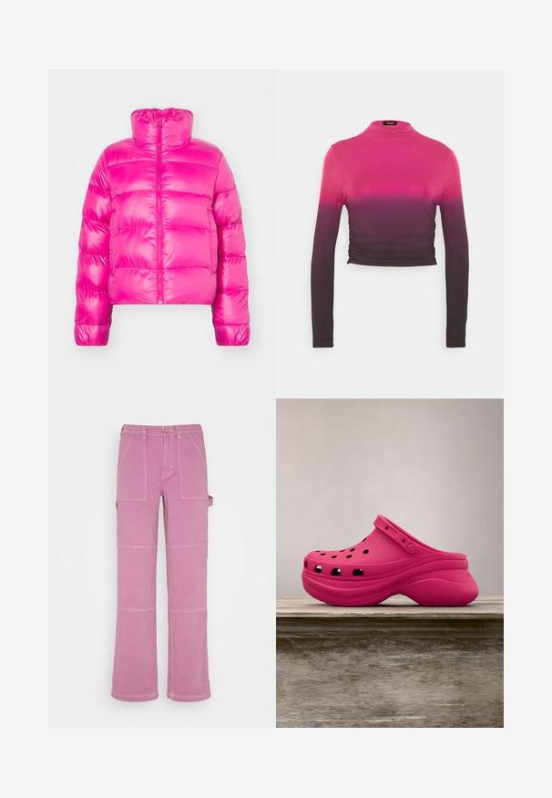 Chaqueta de plumas corta de color rosa brillante con cuello alto, que presenta una cremallera frontal completa y una textura acolchada en el cuerpo.; Zign Studio TENCEL ™ LONG SLEEVE GATHERING - Camiseta de manga larga - pink; BDG Urban Outfitters UTILITY SKATE - Vaqueros boyfriend - violet; Zuecos de goma de color rosa brillante con agujeros de ventilación, una correa en la parte posterior y una suela curva para mayor comodidad. Textura elegante y suave en todo.