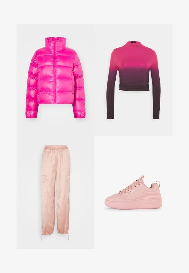 Chaqueta de plumas corta de color rosa brillante con cuello alto, que presenta una cremallera frontal completa y una textura acolchada en el cuerpo.; Zign STUDIO by Zalando TENCEL ™ LONG SLEEVE GATHERING - Camiseta de manga larga - pink; Even&Odd by Zalando Pantalones cargo - pink; Zapatilla rosa con un upper sintético suave, diseño de punta redonda, acentos texturizados y una suela de plataforma gruesa. Presenta cordones y detalle del logo.