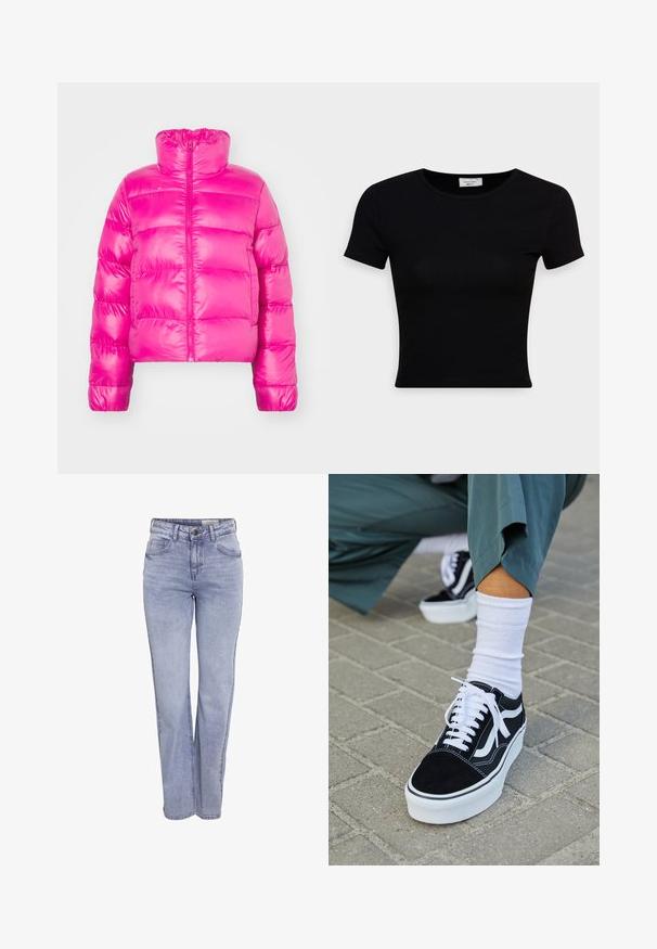 Chaqueta de plumas corta de color rosa brillante con cuello alto, que presenta una cremallera frontal completa y una textura acolchada en el cuerpo.; Camiseta negra de manga corta hecha de una suave tela de algodón, con un escote redondo y un diseño ajustado. Minimalista, sin patrones visibles.; Jeans rectos de mezclilla de color azul claro, con cierre de botón, cinco bolsillos y un ligero desgaste en la parte frontal y trasera.; Zapatillas de ante negro con acentos y cordones blancos, que cuentan con una gruesa suela blanca y costuras en contraste, combinadas con un calcetín blanco.
