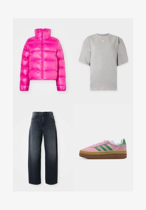 Veste courte en duvet rose vif avec un col haut, présentant une fermeture éclair frontale et une texture matelassée sur le corps.; T-shirt Adidas gris clair à manches courtes avec col rond et petit logo Adidas blanc sur la poitrine, présenté sur un fond simple.; Jeans évasés en denim indigo, avec une taille haute, une fermeture classique à bouton et glissière, et un délavage subtil sur le devant.; Baskets en daim rose avec des rayures vertes, des accents blancs et une semelle en caoutchouc brun. Comportent un tissu texturé et un détail de logo sur le côté.