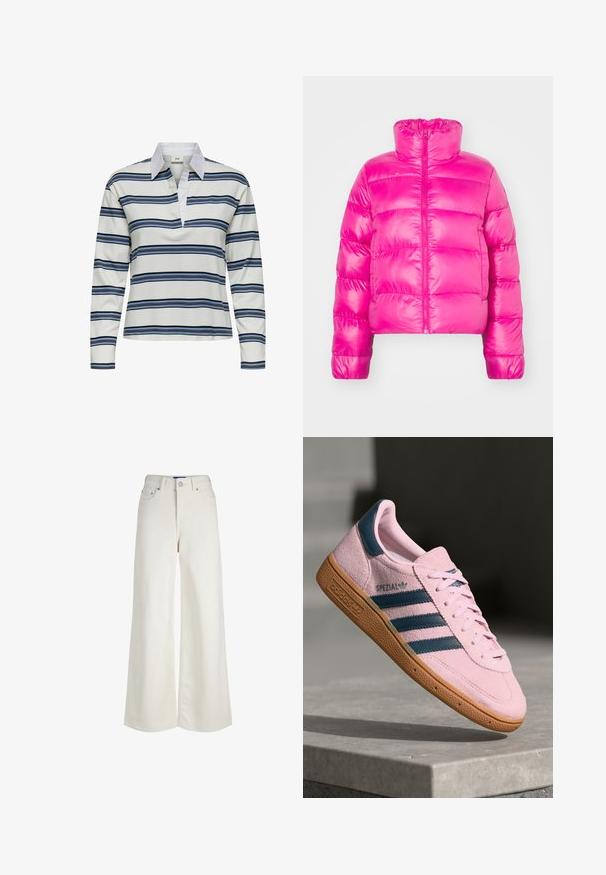 Leuchtend pinke, taillierte Pufferjacke mit hochgeschlossenem Kragen, ausgestattet mit einem durchgehenden Reißverschluss und gestepptem Material über den Körper.; Langarm-Poloshirt mit weißem Grund und horizontalen Streifen in Marineblau und Hellblau. Auffälliger weißer Kragen und weiche Baumwolltextur.; Weiße Denim-Jeans mit hoher Taille und weitem Bein, vorne mit Knopf- und Reißverschluss, Gürtelschlaufen und Taschen-Details.; Hellrosa Wildleder-Sneaker mit navyblauen drei Streifen, Gummisohle und hellrosa Schnürsenkeln. Mit "SPEZIAL"-Branding an der Seite.