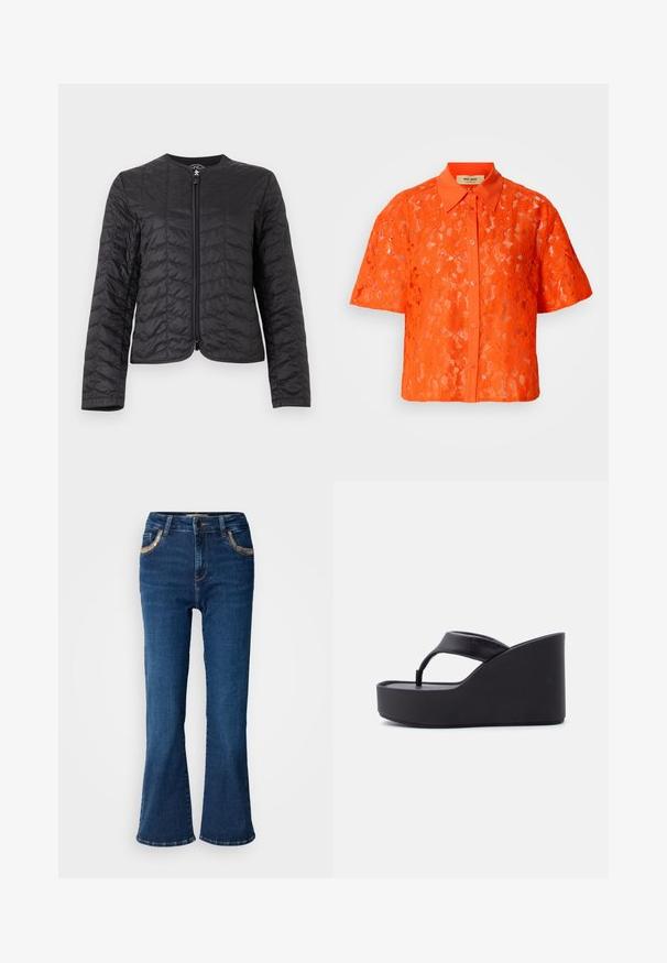 Sort, quiltet jakke med lange ærmer, rund halsudskæring og lynlås foran, vist på en simpel hvid baggrund.; Orange blondebluse med korte ærmer, krave og knaplukning. Indeholder et tekstureret blomsterdesign og en solid orange krave.; Mørkeblå brede jeans med en glat denimoverflade, kontrasterende gyldne syninger og forlommer. Klassisk fem-lomme design.; Sort platform-kile-sandal med bred thong-rem og forhøjet sål, designet til afslappet brug.