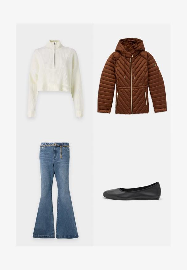 Brun quiltet jakke med hætte, frontlynlås, snoretræk, lynlåslommer på siden og logo-patch på venstre ærme.; Cremefarvet cropped sweater med lynlås i halsen, ribbet tekstur og brede ærmer. Materialet ser blødt og strikket ud.; Flared blå jeans i mellemvasket denim, med en guldkæde detalje i taljen og standard fem-lomme design.; Sort læderballetsko med rund tå, glat tekstur, minimal syning og et fleksibelt såldesign.
