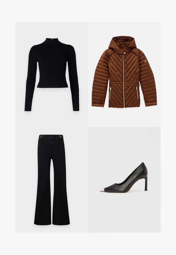 Veste matelassée marron avec capuche, fermeture éclair à l'avant, cordons de serrage, poches latérales zippées et patch logo sur la manche gauche.; Pull-over noir à col roulé côtelé avec des manches longues et une silhouette ajustée, présentant une texture lisse et un zip au dos.; Jean noir évasé avec taille haute, cinq poches, détails en métal doré, et une texture denim lisse.; Chaussure à talon haut en cuir noir avec bout pointu et capuchon argenté métallique. Présente une finition lisse et un talon fin de 10 cm.