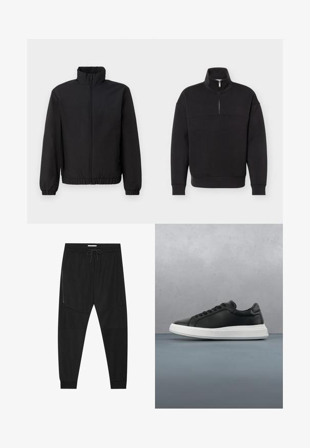Schwarze Jacke mit hohem Kragen, vorderem Reißverschluss, elastischen Manschetten und Bund. Glatte Textur, einfaches Design ohne Muster oder Akzente.; Schwarzer Pullover mit Viertel-Reißverschluss, langen Ärmeln, gerippten Bündchen und Saum sowie hohem Kragen vor einem schlichten weißen Hintergrund.; Schwarze Sporthosen aus strukturiertem Stoff, mit verstellbarem Bund, seitlicher Reißverschlusstasche und schmal zulaufenden Bündchen.; Schwarze Ledersneaker mit glatter Oberfläche, weißer Gummisohle, rundem Design, sechs Ösen für die Schnürsenkel und dezentem Branding an der Ferse.