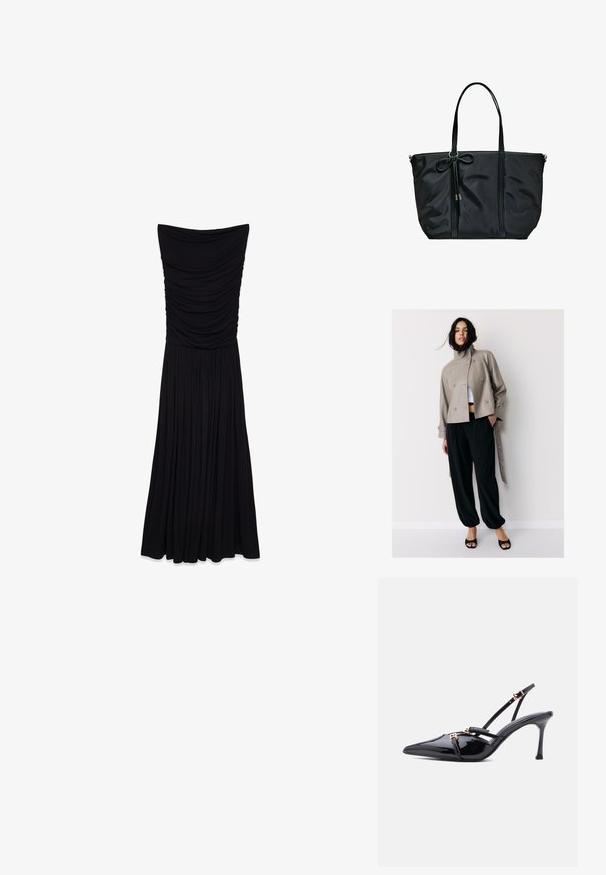 Kvinde iført løse sorte bukser, taupe farvet dobbeltradet cropped jakke, hvid cropped top og sorte åbne hæle foran en ensartet lys baggrund.; Sort, stropløs maxikjole med samlet tekstur i overdelen og en flydende, plisseret nederdel. Fremstillet af et glat, strækbart stof.; Sort laklæder spids tå slingback-hæl med tynde stropper og små spænder i guldton på en hvid baggrund.; Stradivarius WITH BOW - Shopping bags - black