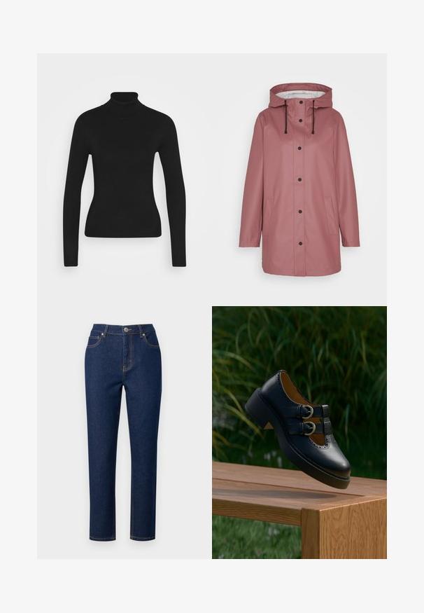 Veekindel heleküüs raincoat, millel on kapuuts, mustad nöörid, nupud ja kaks küljetaskut. Silmade hästi tasakaalustatud struktuur ja lõdvsilm. ; Mustmustik turtleneck sviiter pika varrukaga, valmistatud siledast kudumisest. Omab kitsast disaini ja soonikkoes kraed.; Tumedad sinimõõdulised teksased sirge lõikega, millel on tõmblukk, nööbikinnitus ja aktsentõmblused taskutes ning õmblustes.; Mustast nahast kahe pandlaga jalanõu perforatsioonidega, mis hõljub puidust pingi kohal õues, taustal roheline rohi ja taimed.