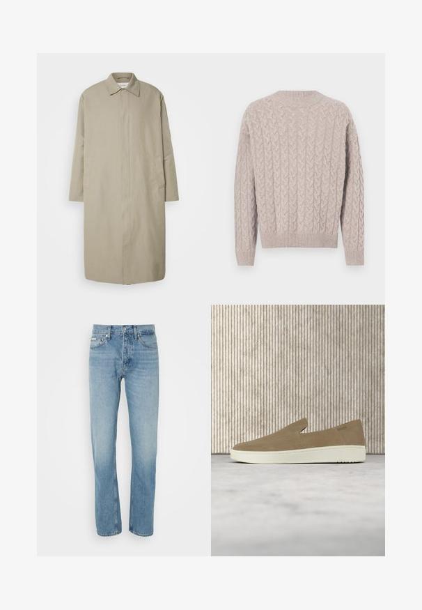 Beige lange jas van lichtgewicht stof met een rechte snit, puntkleur en zijzakken; minimalistisch ontwerp zonder zichtbare sluitingen.; Effen beige kabelgebreide sweater met een ronde halslijn, geribde manchetten en zoom, voorzien van een textuurpatroon door de hele stof.; Lichtblauwe denim jeans met een recht gesneden ontwerp, vijf zakken en een knoop-rits sluiting. Kenmerkt subtiele vervaging en gestikte details.; Beige instapper met witte zool, zwevend in de lucht boven een licht tapijt met amberkleurig transparant meubilair op de achtergrond.