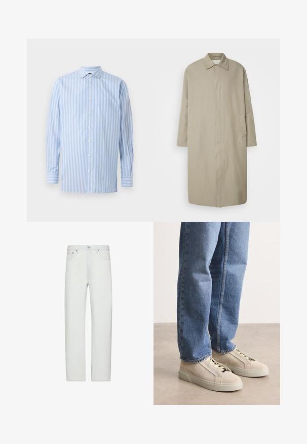Beige lang jakke lavet af letvægtsstof med lige snit, spids krave og sidelommer; minimalistisk design uden synlige lukninger.; Lys blå langærmet skjorte med vertikale hvide og lyseblå striber, knaplukning, krave og et lille broderet logo på brystet.; Hvide jeans med høj talje og lige ben, med knap- og lynlåslukning foran, bæltestropper og forlommer.; BOSS GARYTENN_SDHDEL - Sneakers - natural ten
