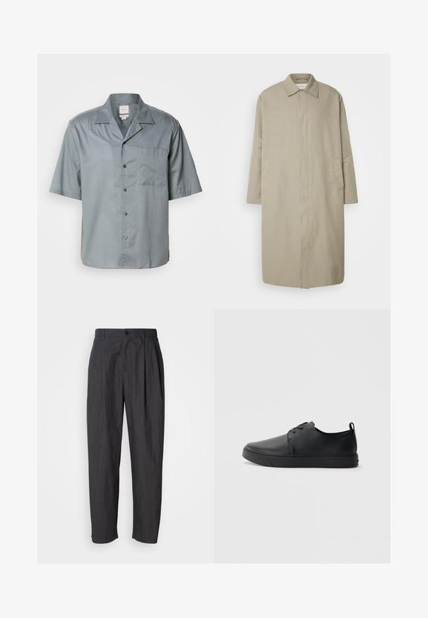 Abrigo largo beige hecho de un tejido ligero con corte recto, cuello puntiagudo y bolsillos laterales; diseño minimalista sin cierres visibles.; Camisa de botones de manga corta en tejido gris claro con una textura suave, que presenta un bolsillo en el pecho y un diseño de cuello clásico.; Pantalones rectos de color gris oscuro con pasadores para cinturón, cierre frontal con botón y bolsillos laterales sobre un fondo claro liso.; Zapatilla negra de cuero con acabado suave, punta redondeada, costuras a tono, cordones en la parte delantera y suela de goma plana. Asa en el talón.