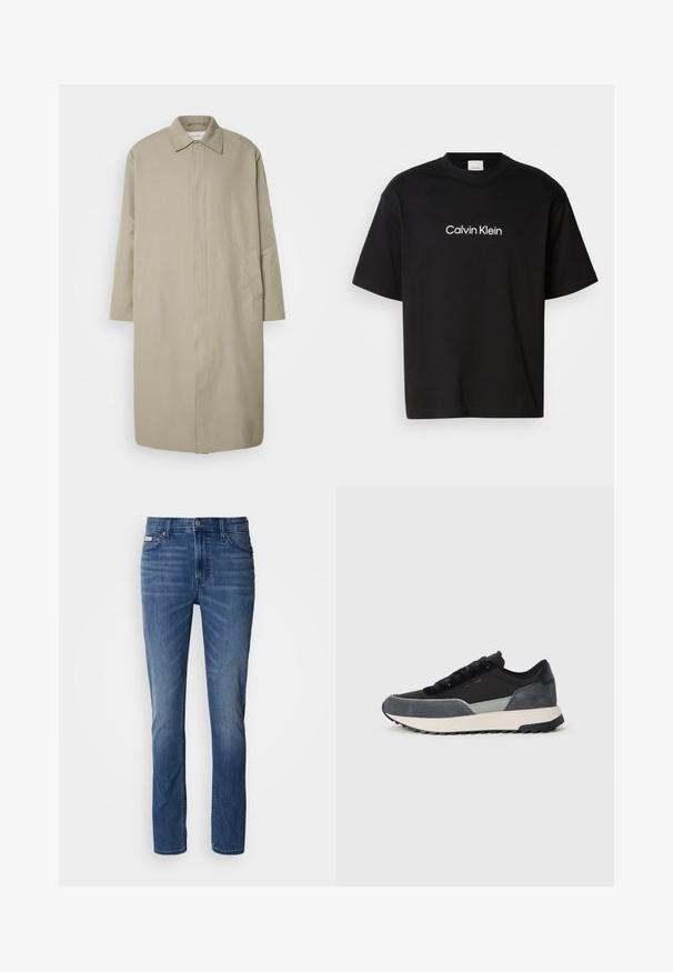 Beiger langer Mantel aus leichtem Stoff mit geradem Schnitt, Punktkragen und seitlichen Taschen; minimalistisch gehaltenes Design ohne sichtbare Verschlüsse.; Schwarzes Baumwoll-T-Shirt mit kurzen Ärmeln, featuring einem weißen "Calvin Klein" Logo auf der Vorderseite und einem klassischen Rundhalsausschnitt.; Jeans aus mittleren Blautönen in geradem Bein, mit klassischem Fünf-Taschen-Design, Gürtelschlaufen und Knopfverschluss.; Schnürsenkel-Sneaker aus einer Mischung von schwarzem Stoff, grauen Wildlederakzenten und einer klobigen weißen Zwischensohle mit schwarzem Gummiprofil.