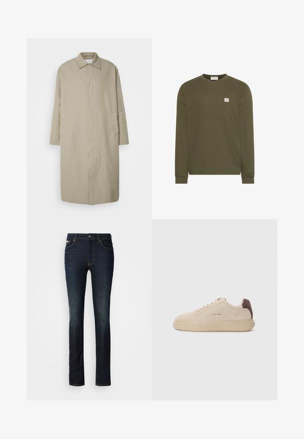 Beige dlhý kabát z ľahkého materiálu s rovným strihom, špicatým golierom a bočnými vreckami; minimalistický dizajn bez viditeľných zapínaní.; Olivovo zelený sveter s dlhými rukávmi s rebrovanou textúrou a malým bielym štvorcovým záplatou s červeným logom "cK" na hrudi.; Tmavomodré slim-fit džínsy s gombíkom a zipsom, päť vreciek a jemné vyblednutie na stehnách a kolenách.; Bežové semišové tenisky s okrúhlou špičkou, šnúrkovým uzatváraním vpredu a hnedým semišovým akcentom na podpätku. Obsahujú štruktúrovanú gumovú podrážku.