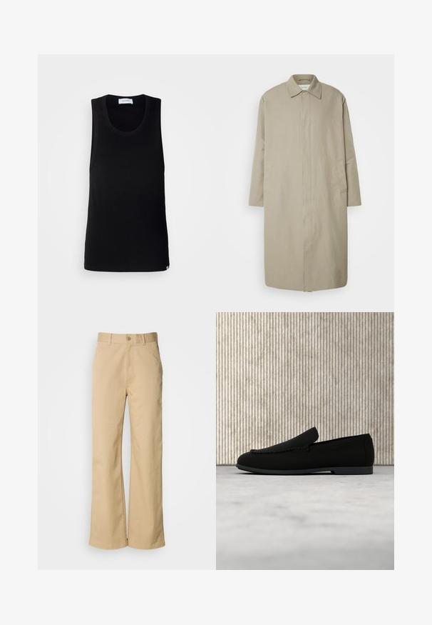 Beige lang jakke lavet af letvægtsstof med lige snit, spids krave og sidelommer; minimalistisk design uden synlige lukninger.; Sort ærmeløs tanktop lavet af bomuld, med en rund halsudskæring og et enkelt design med en diskret mærkeetiket ved kanten.; Beige, vidde bukser lavet af en bomuldsblanding. Har en knaplukning og bæltestropper. Glat tekstur med minimale syninger.; Sort slip-on loafer-sko svævende over lyst tæppe med et buet, ravbrunt moderne bord i baggrunden.