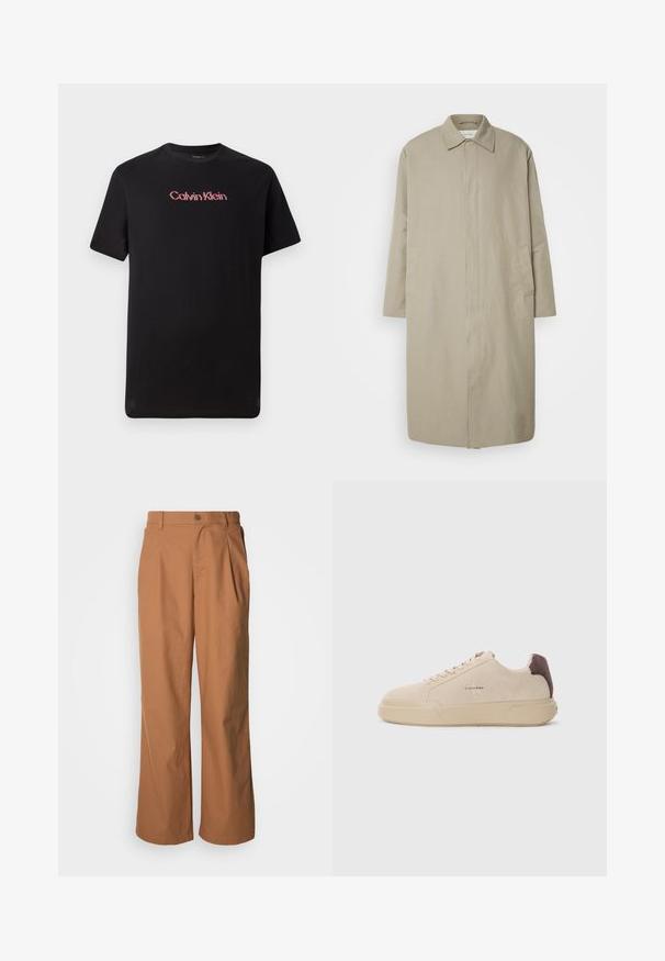 Beiger langer Mantel aus leichtem Stoff mit geradem Schnitt, Punktkragen und seitlichen Taschen; minimalistisch gehaltenes Design ohne sichtbare Verschlüsse.; Schwarzes T-Shirt mit kurzen Ärmeln aus Baumwolle, das ein zentrales Calvin Klein-Logo in Rot und Weiß aufweist, mit Rundhalsausschnitt und lässiger Passform.; Weit geschnittene Hosen aus warmbraunem Stoff, mit einer vorderen Knopfverschluss, dezenten Falten und geradem Schnitt für eine entspannte Passform.; Beige Wildleder-Sneaker mit runder Spitze, Schnürung vorne und einem braunen Wildlederakzent an der Ferse. Verfügt über eine strukturierte Gummisohle.
